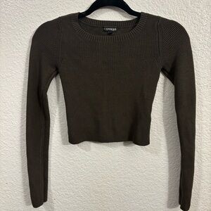 Express Ribbed Knit‎ Cropped Sweater Top Women’s XS Dark Forest Green Long Sleve